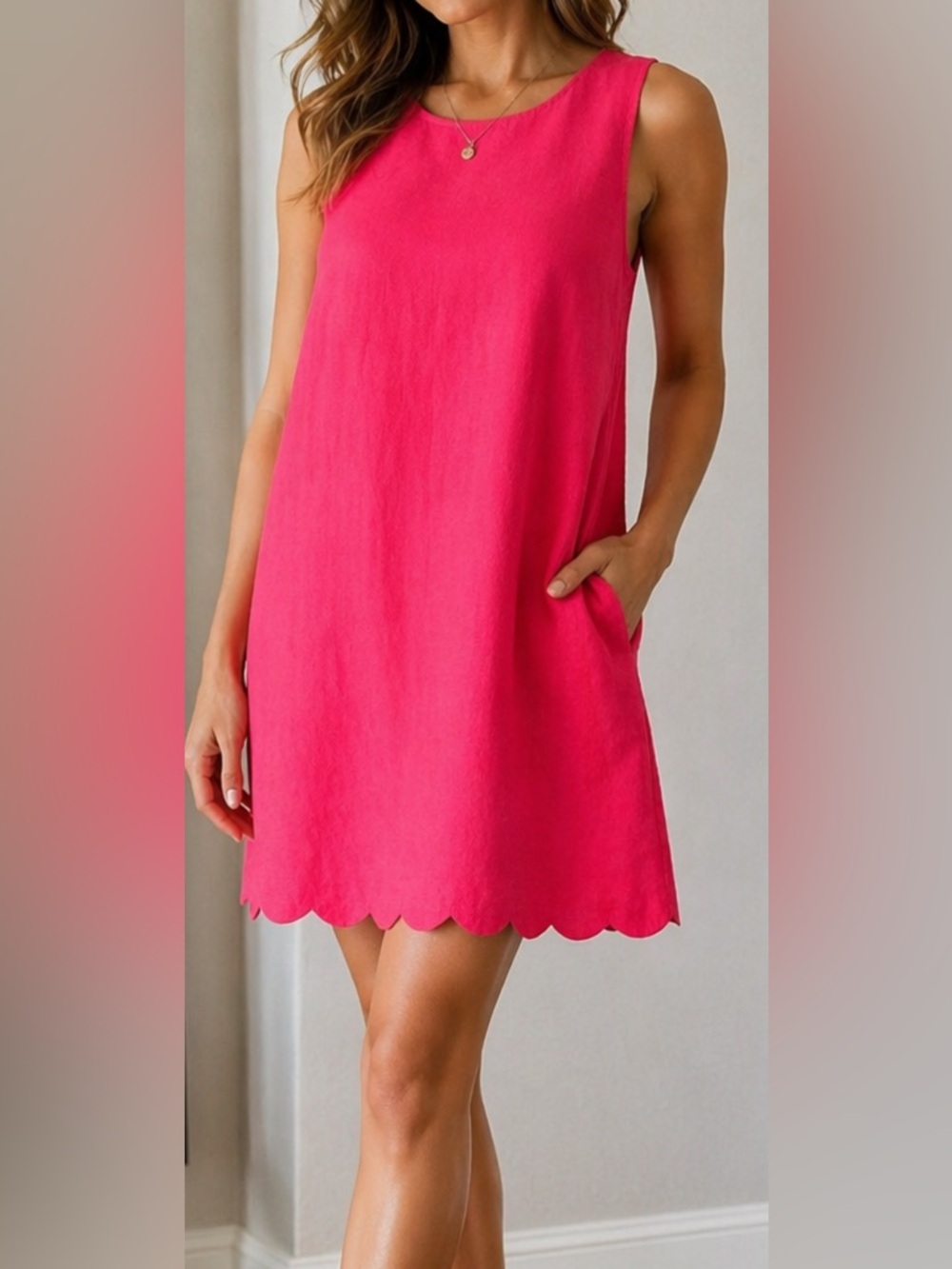 J.Crew Pink Linen Cotton Sheath Dress Size 10 Scalloped Hem Sleeveless Lined